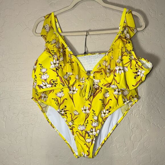 Davi and Dani plus size high waist yellow floral mesh sides bikini 1X. NWT. - Picture 1 of 12